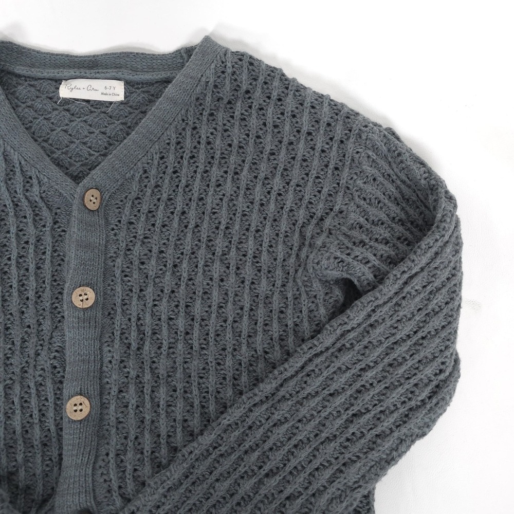 RYLEE + CRU Kids Girls Knit Cardigan Gray Button 100% Cotton Cozy Size 6-7Y - Picture 7 of 10